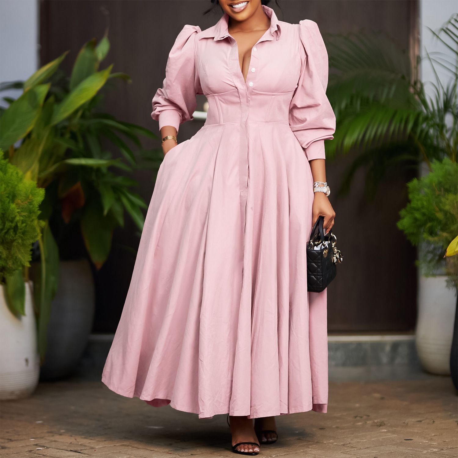 New product selection: D570 cross-border women's elegant long sleeved dress with a large display, including shirt and skirt, fashionable solid color, medium to long African dress
