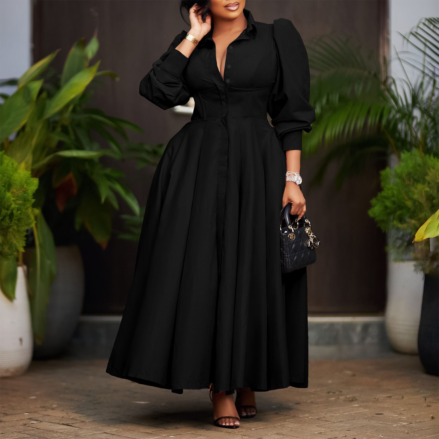 New product selection: D570 cross-border women's elegant long sleeved dress with a large display, including shirt and skirt, fashionable solid color, medium to long African dress