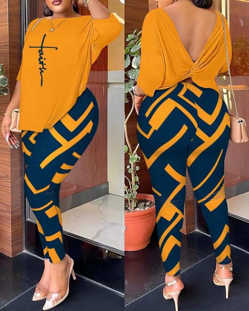 Classic hot selling T9074 cross-border European and American autumn new women's clothing Amazon AliExpress fashion casual backless printed pants set