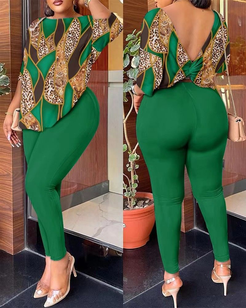 Classic hot selling T9074 cross-border European and American autumn new women's clothing Amazon AliExpress fashion casual backless printed pants set