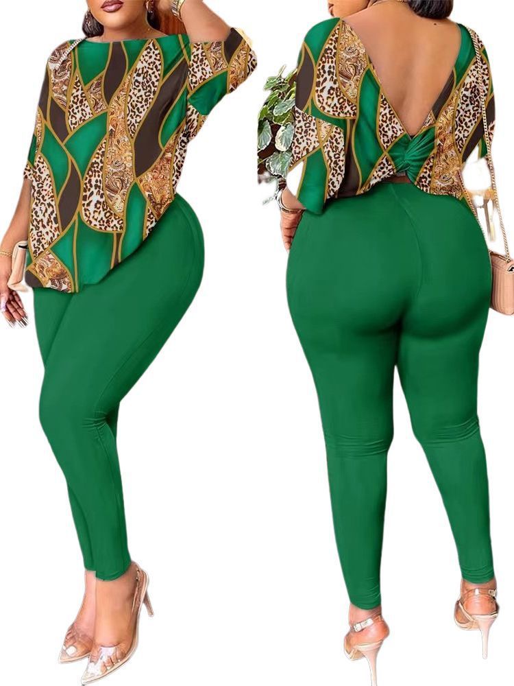Classic hot selling T9074 cross-border European and American autumn new women's clothing Amazon AliExpress fashion casual backless printed pants set