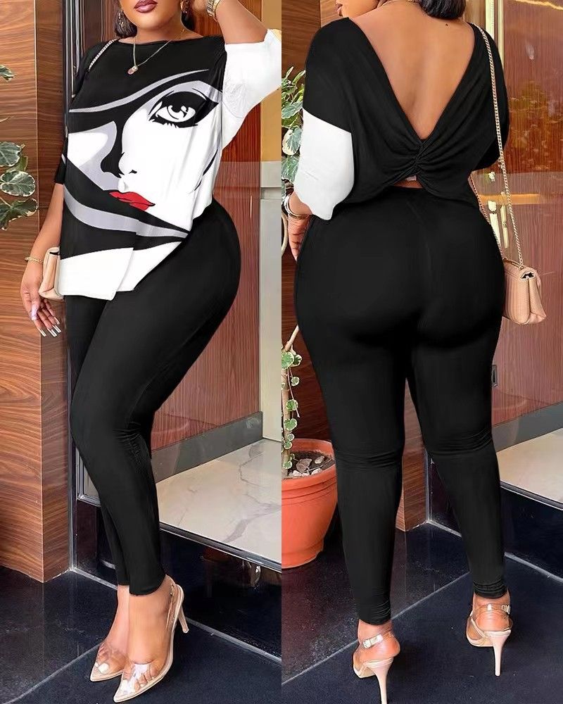 Classic hot selling T9074 cross-border European and American autumn new women's clothing Amazon AliExpress fashion casual backless printed pants set