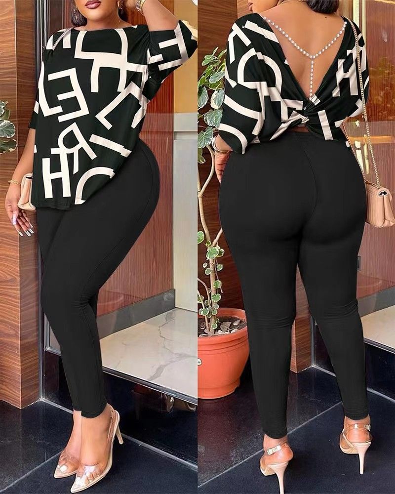 Classic hot selling T9074 cross-border European and American autumn new women's clothing Amazon AliExpress fashion casual backless printed pants set