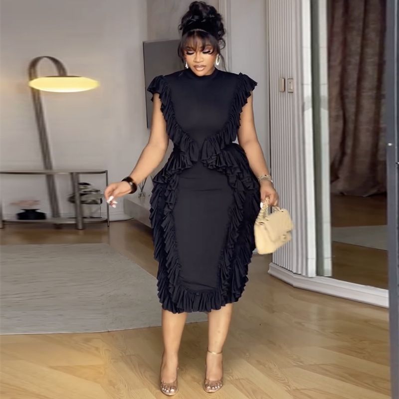 New Product Selection Spot European and American Cross border Women's Clothing 2025 Summer New Fashion Lotus Leaf Lace Waist Collection Solid Color Hip Wrapping Dress