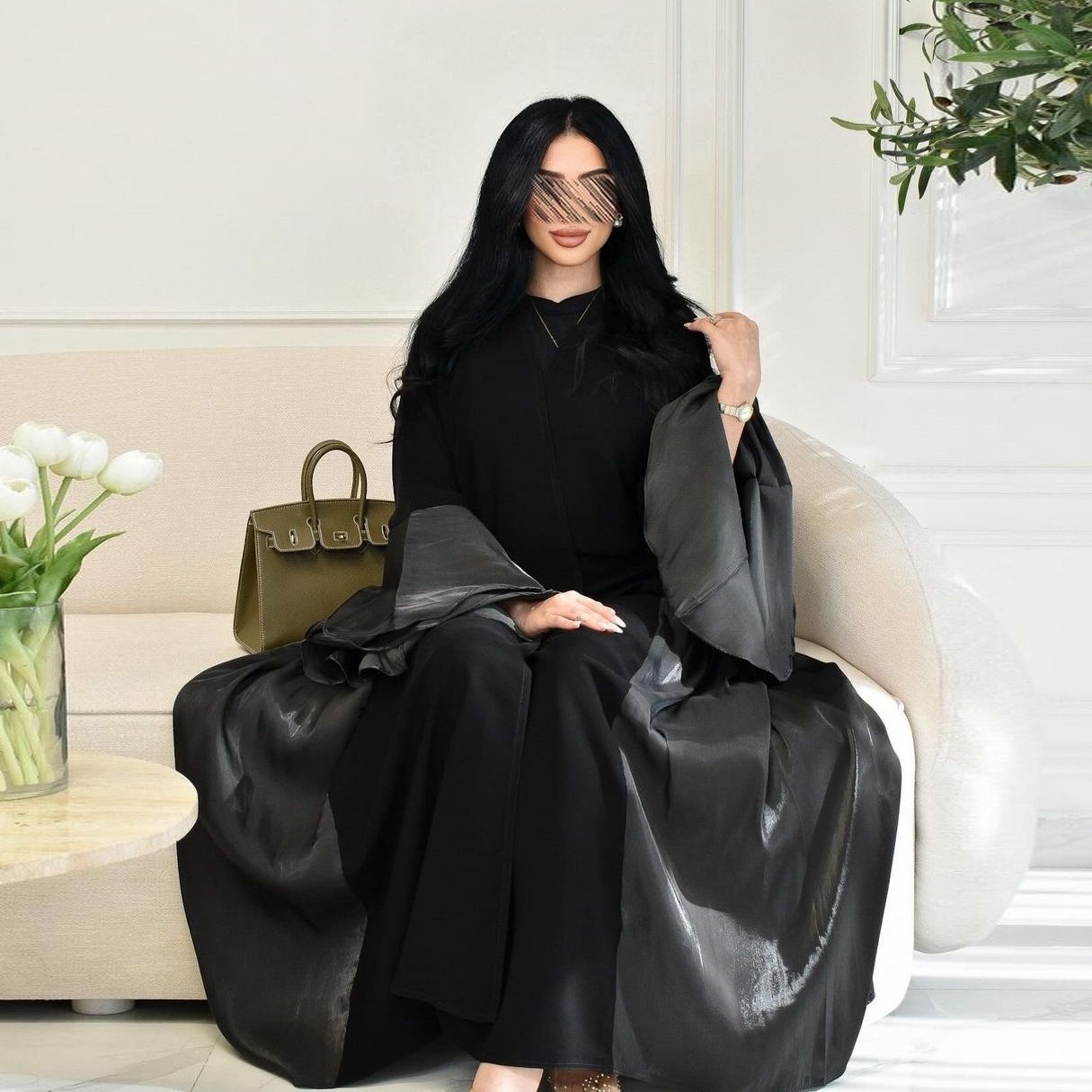 New Product Selection MQ124 Middle Eastern Women's Fashion Modest Muslim Abaya Cardigan Bright Silk Satin Dress Ruffle Sleeves