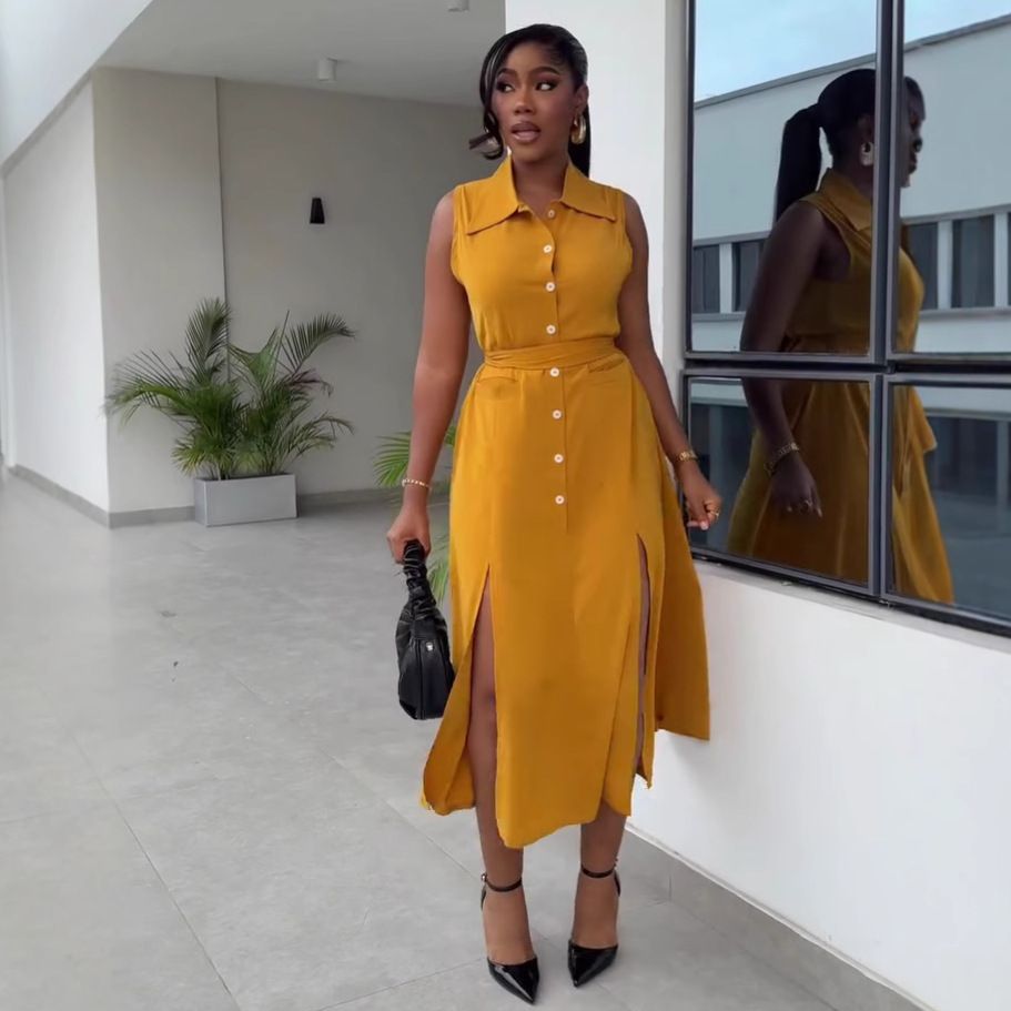 New product selection: African women's clothing with high-end design, loose and elegant lace up, slimming vest dress, European and American plus size western-style long skirt