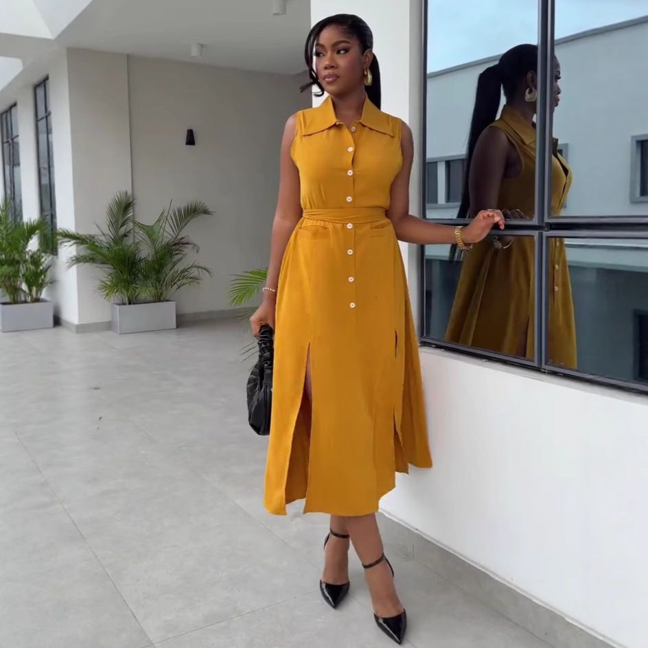 New product selection: African women's clothing with high-end design, loose and elegant lace up, slimming vest dress, European and American plus size western-style long skirt