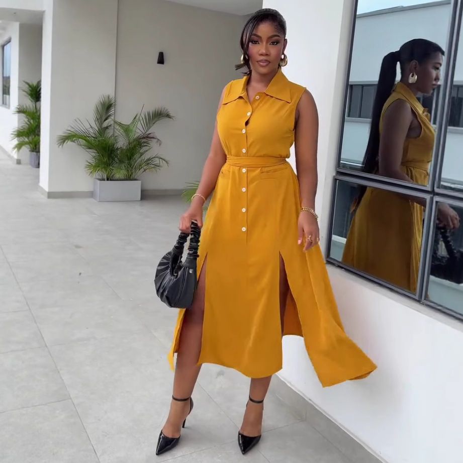 New product selection: African women's clothing with high-end design, loose and elegant lace up, slimming vest dress, European and American plus size western-style long skirt