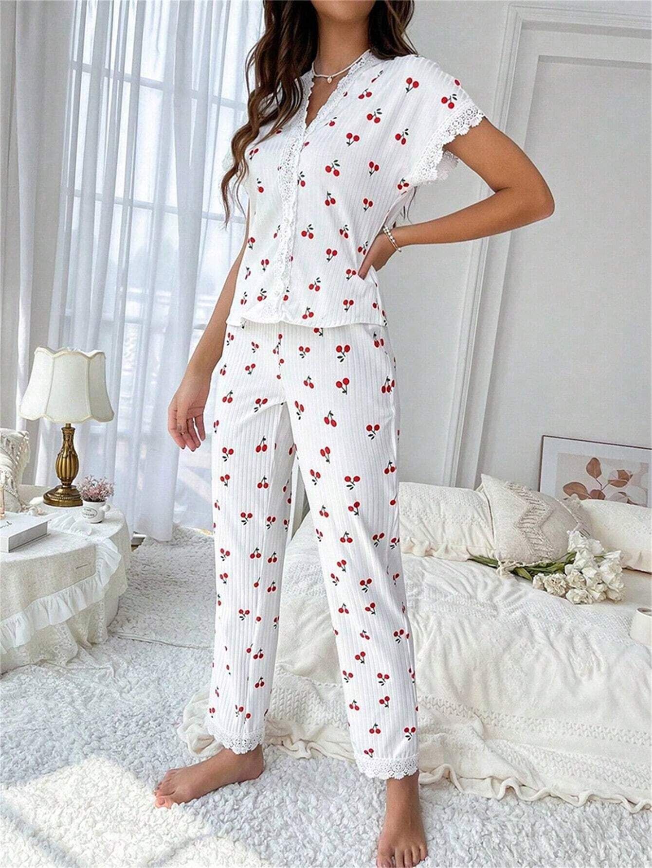 Classic hot selling cross-border women's home wear from Europe and America, cherry print, water-soluble embroidery lace, short sleeved pants that can be worn as sleepwear for women