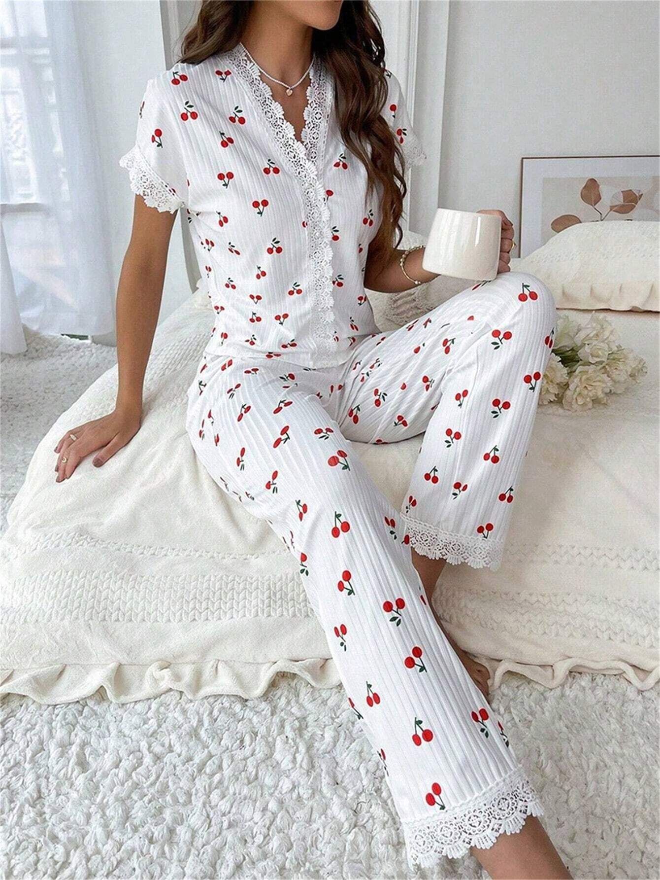 Classic hot selling cross-border women's home wear from Europe and America, cherry print, water-soluble embroidery lace, short sleeved pants that can be worn as sleepwear for women