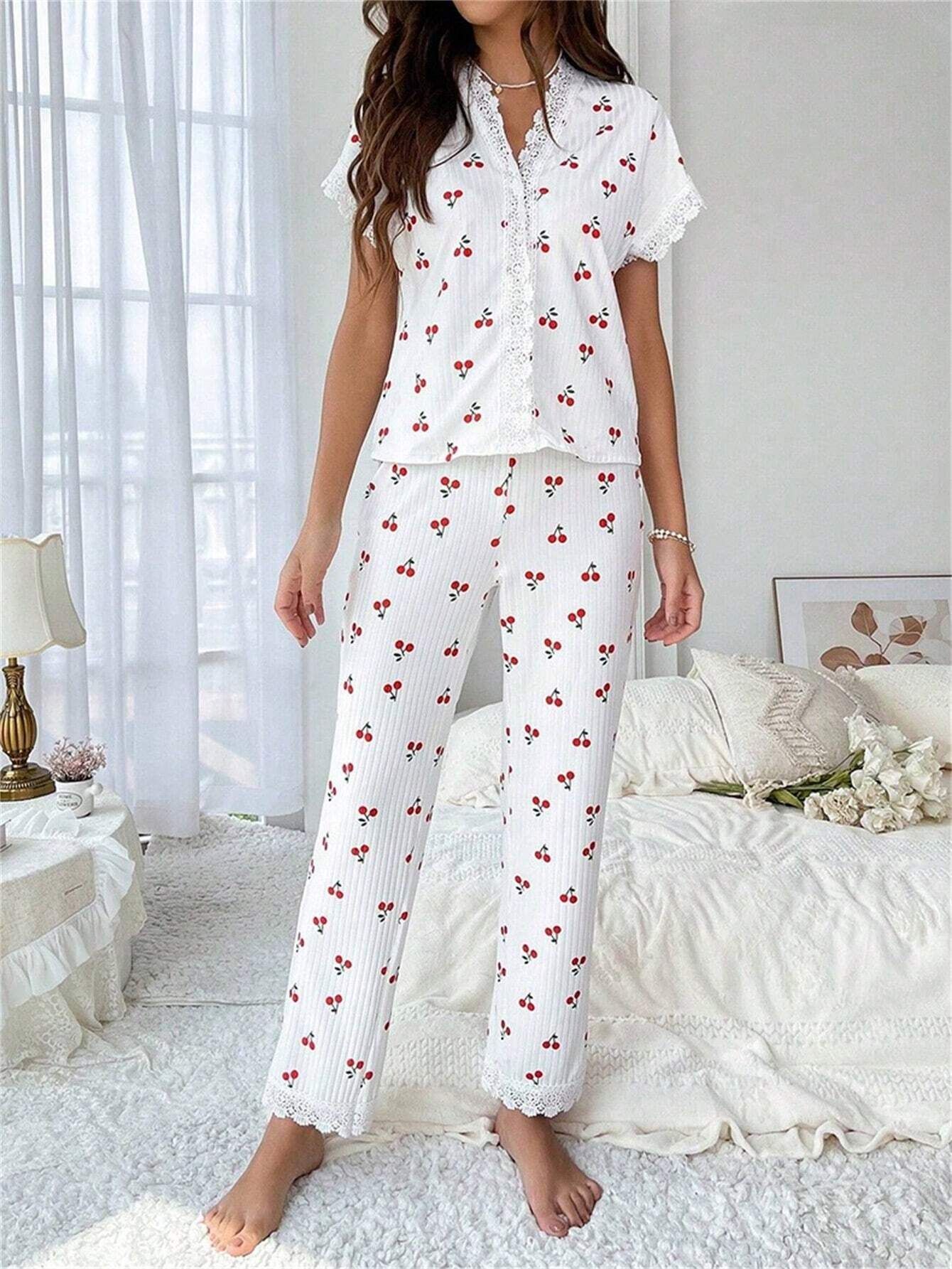 Classic hot selling cross-border women's home wear from Europe and America, cherry print, water-soluble embroidery lace, short sleeved pants that can be worn as sleepwear for women