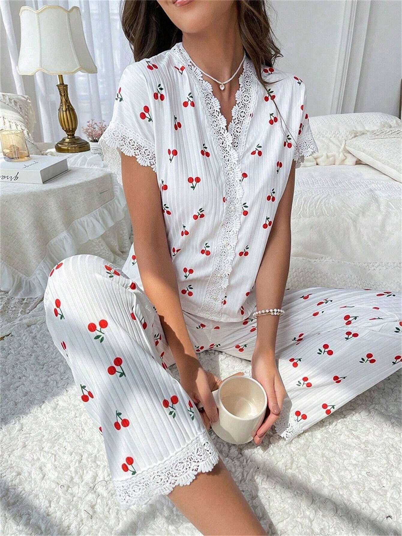 Classic hot selling cross-border women's home wear from Europe and America, cherry print, water-soluble embroidery lace, short sleeved pants that can be worn as sleepwear for women