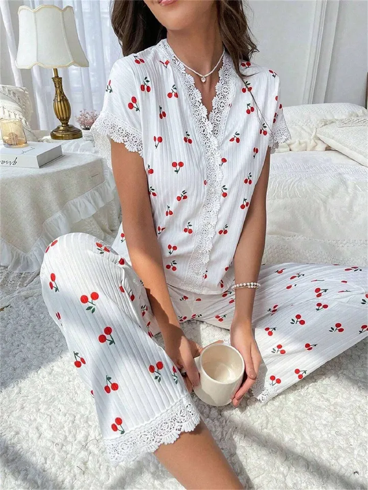 Classic hot selling cross-border women's home wear from Europe and America, cherry print, water-soluble embroidery lace, short sleeved pants that can be worn as sleepwear for women