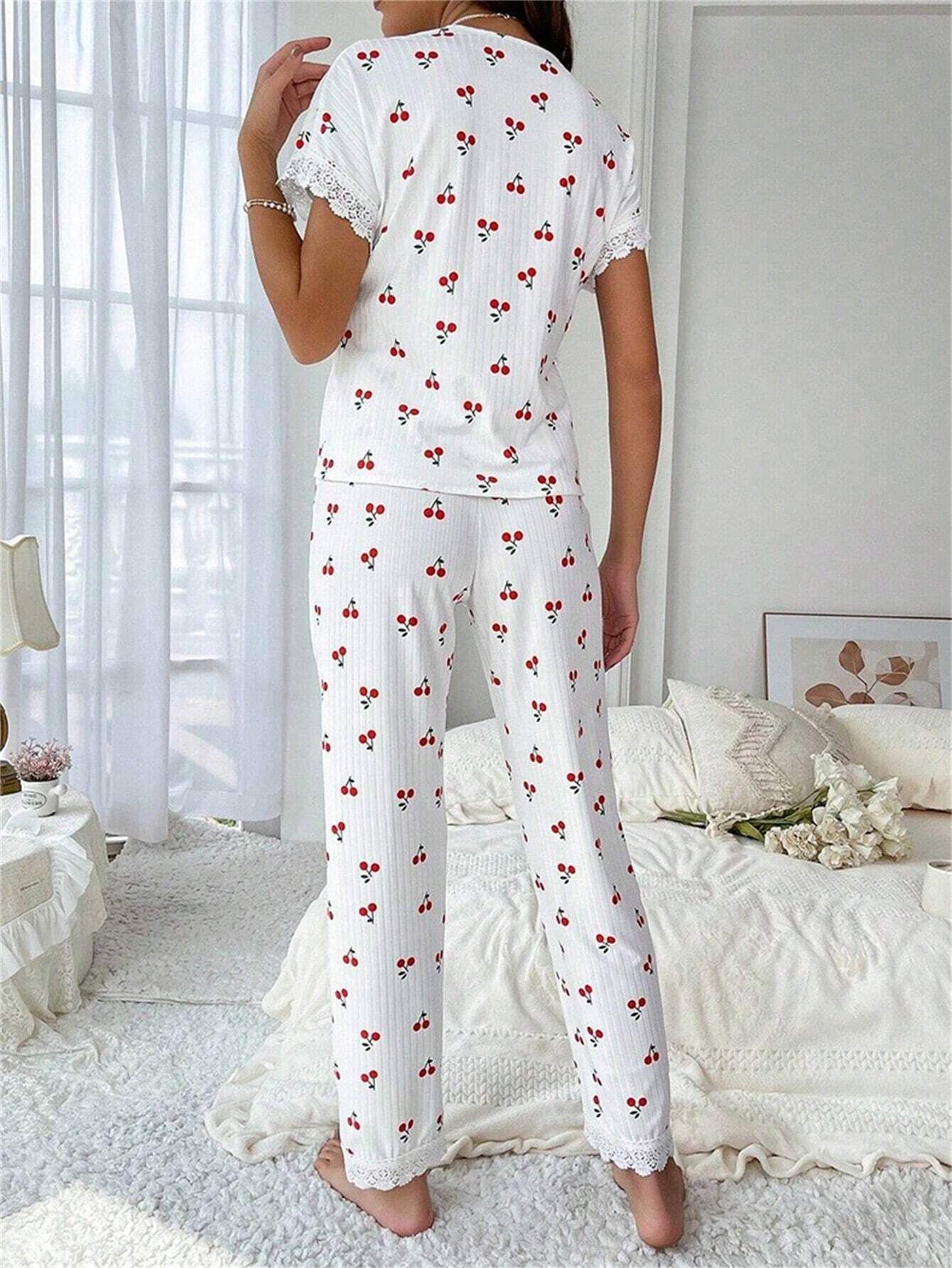 Classic hot selling cross-border women's home wear from Europe and America, cherry print, water-soluble embroidery lace, short sleeved pants that can be worn as sleepwear for women