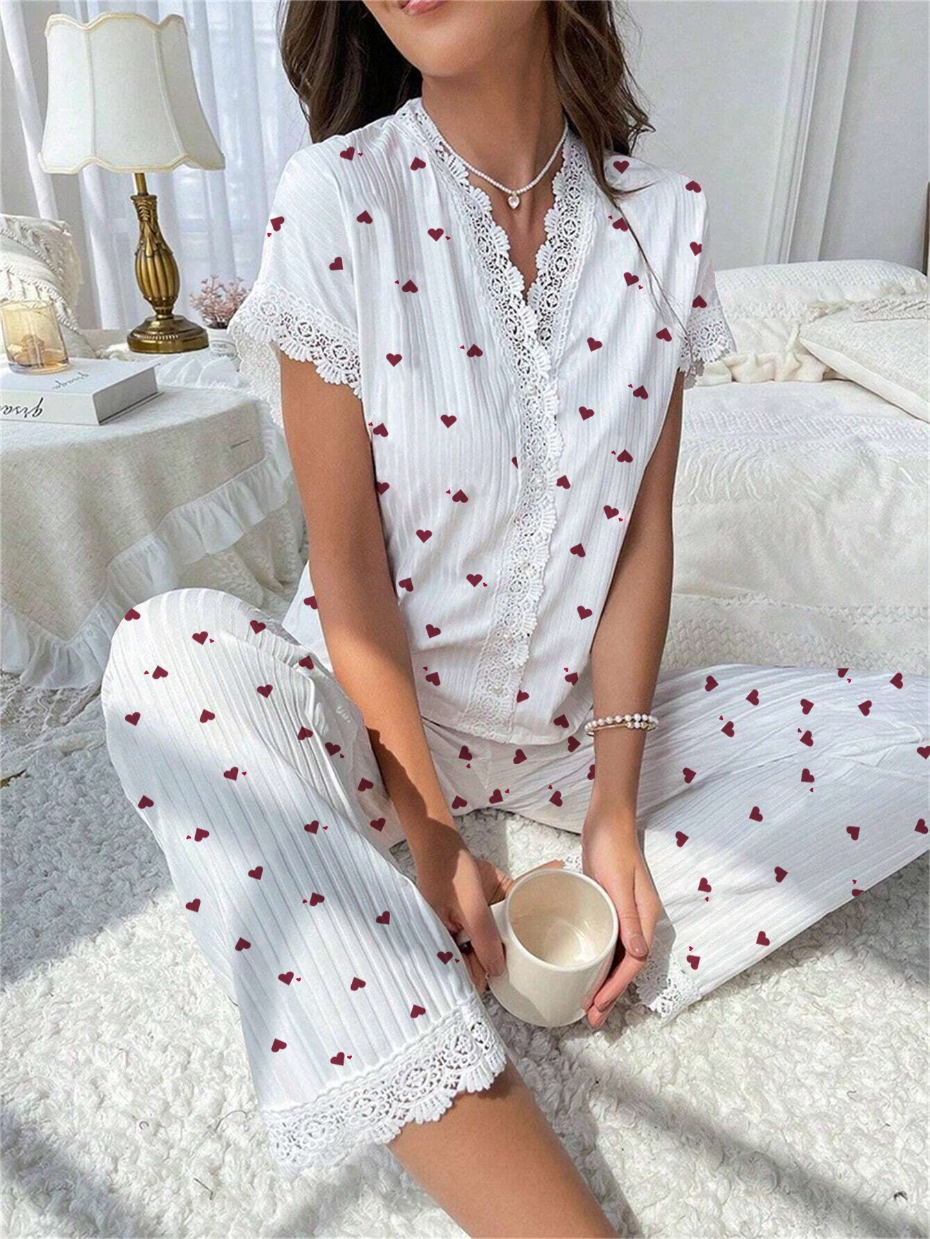 Classic hot selling cross-border women's home wear from Europe and America, cherry print, water-soluble embroidery lace, short sleeved pants that can be worn as sleepwear for women