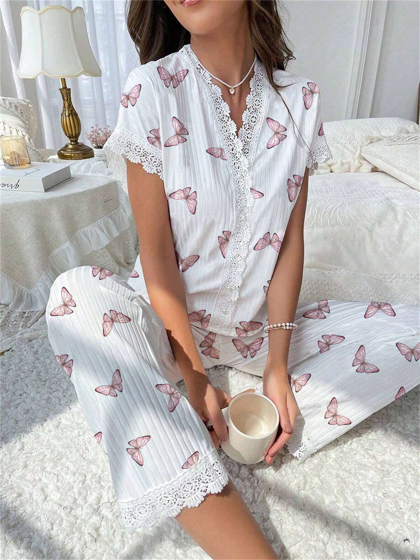 Classic hot selling cross-border women's home wear from Europe and America, cherry print, water-soluble embroidery lace, short sleeved pants that can be worn as sleepwear for women