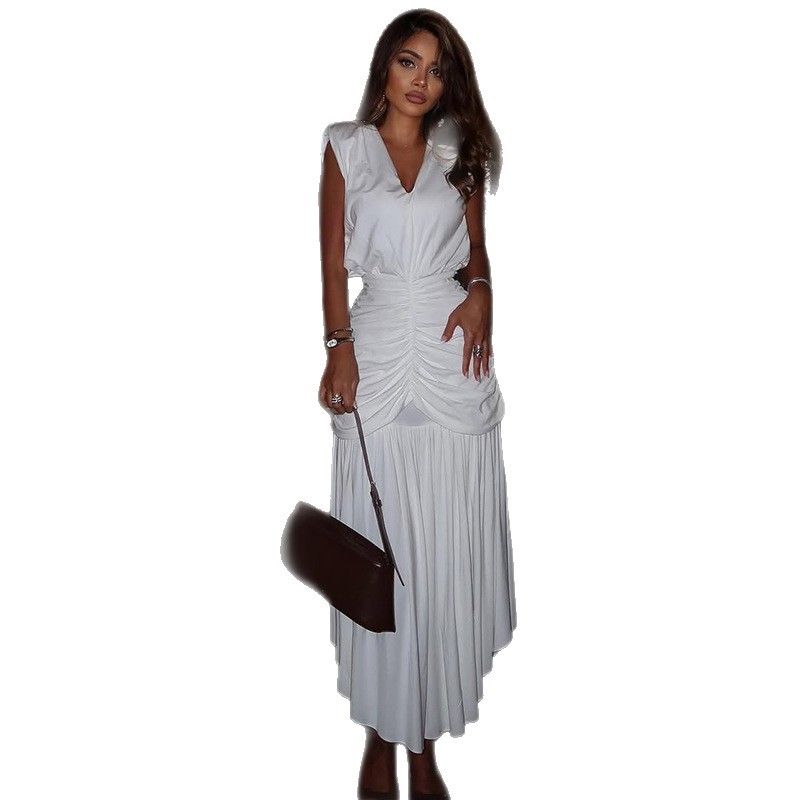 New Product Selection: European and American Style Ins Foreign Trade Women's Waist Folding Solid Color Commuter Umbrella Skirt Breathable V-neck Sleeveless Long Dress Trendy