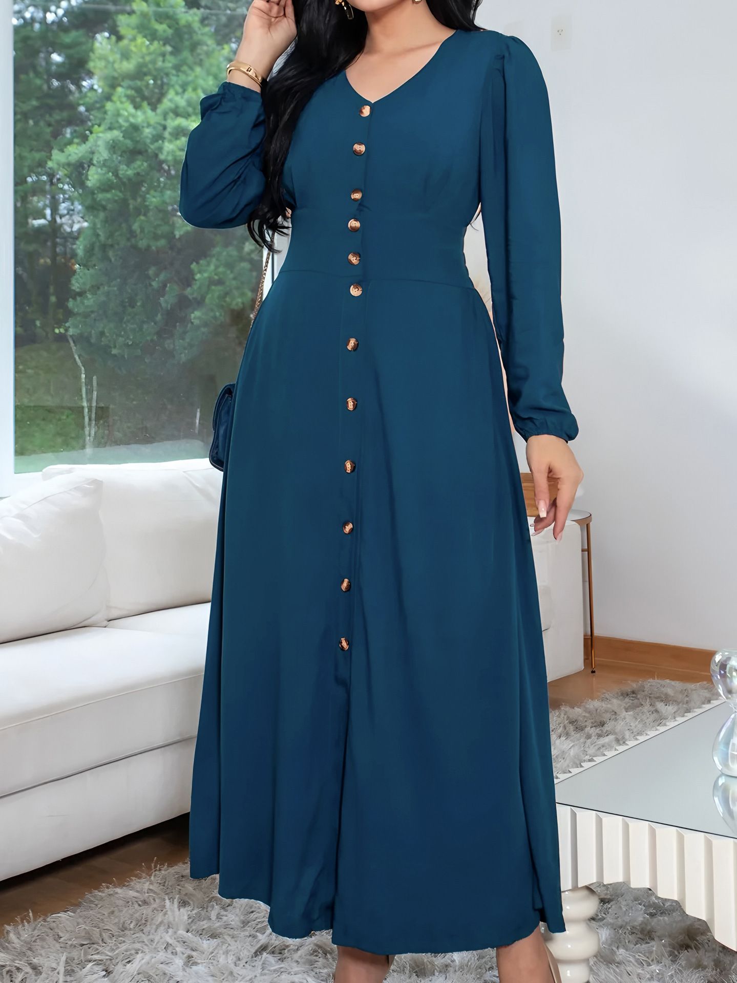 European And American Style Suede Girdle Deep V Long Sleeve Dress