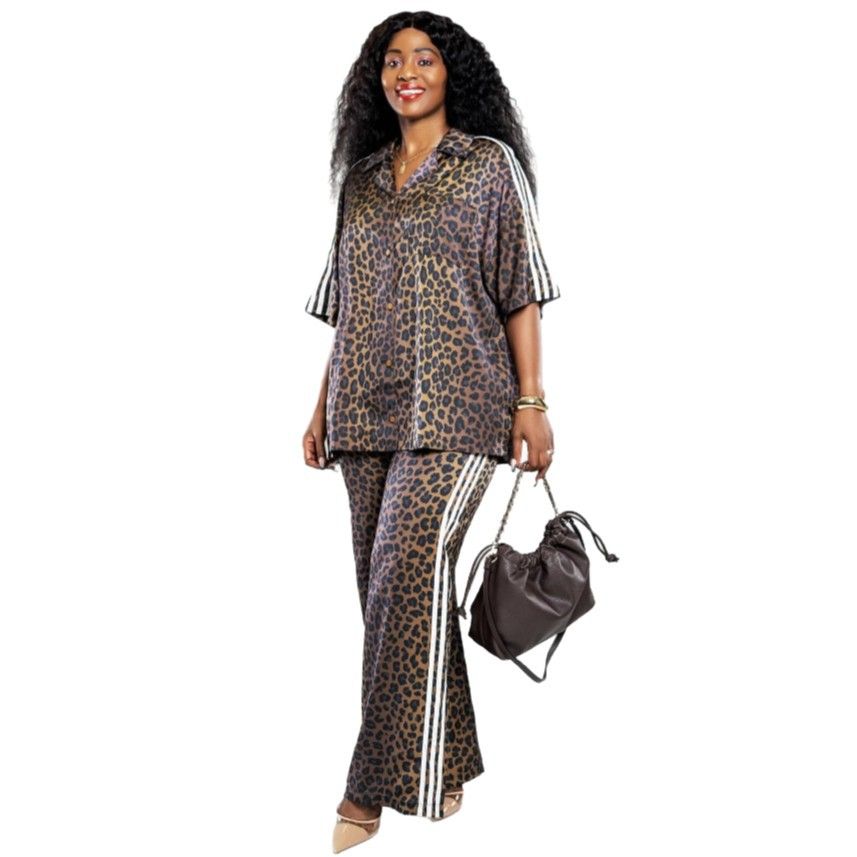 New product selection: European and American women's loose and stylish leopard print shirt, casual pants, African plus size fashionable and versatile two-piece set for women