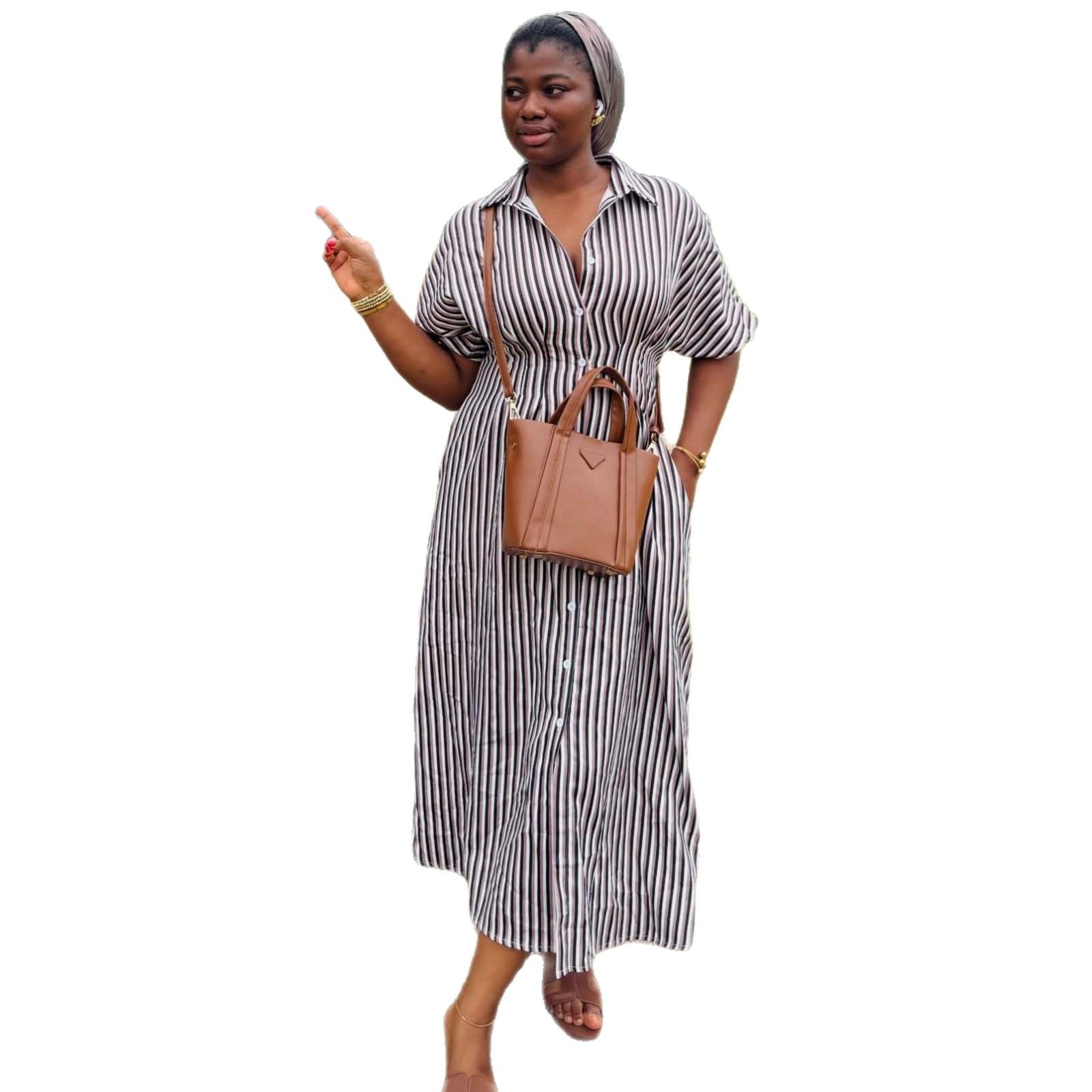 New product selection: European and American women's short sleeved lapel striped cardigan plus size dress, women's African style fashionable loose and slimming long dress