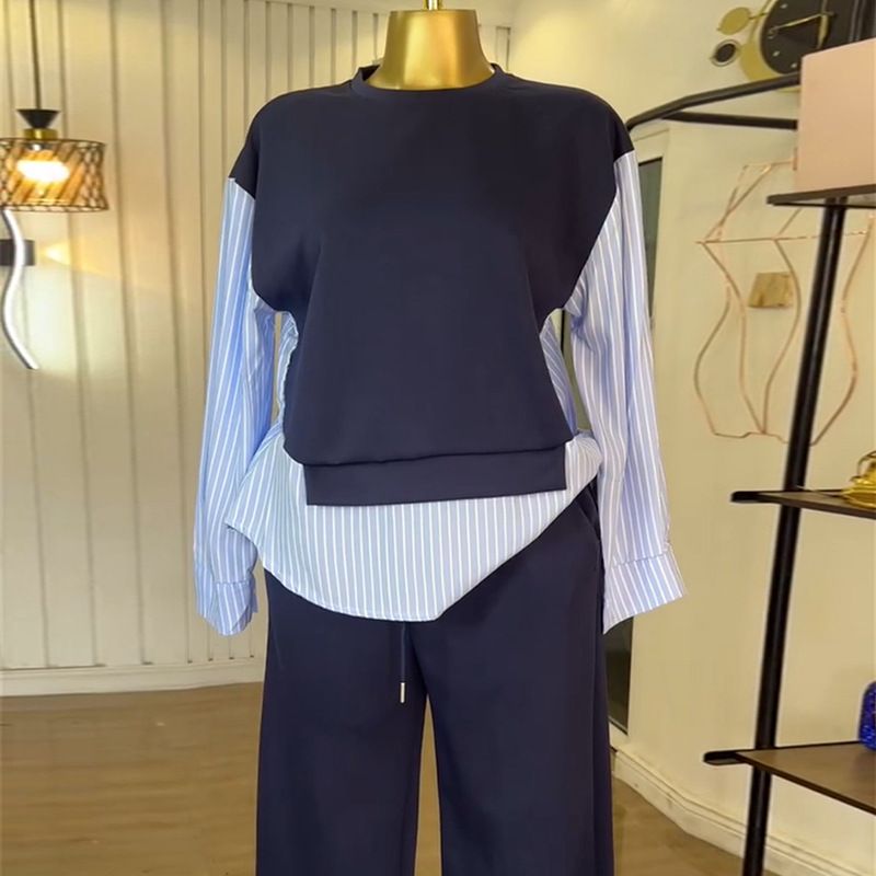 New Product Selection: Cross border Women's Clothing from Europe and America 2025 Summer New Fashionable Round Neck Splicing Striped Top, High Waist Pants, Casual Set