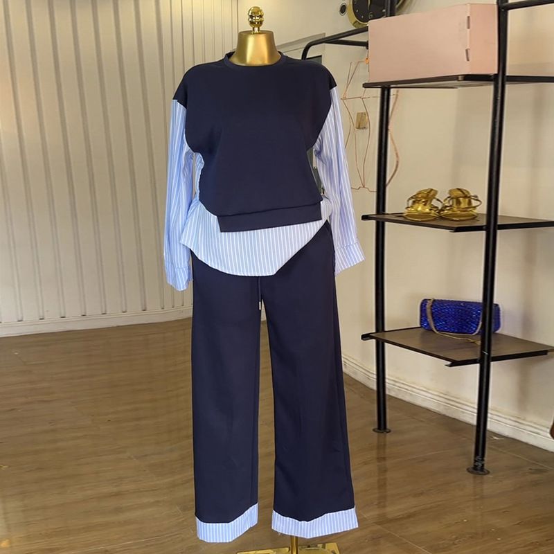 New Product Selection: Cross border Women's Clothing from Europe and America 2025 Summer New Fashionable Round Neck Splicing Striped Top, High Waist Pants, Casual Set