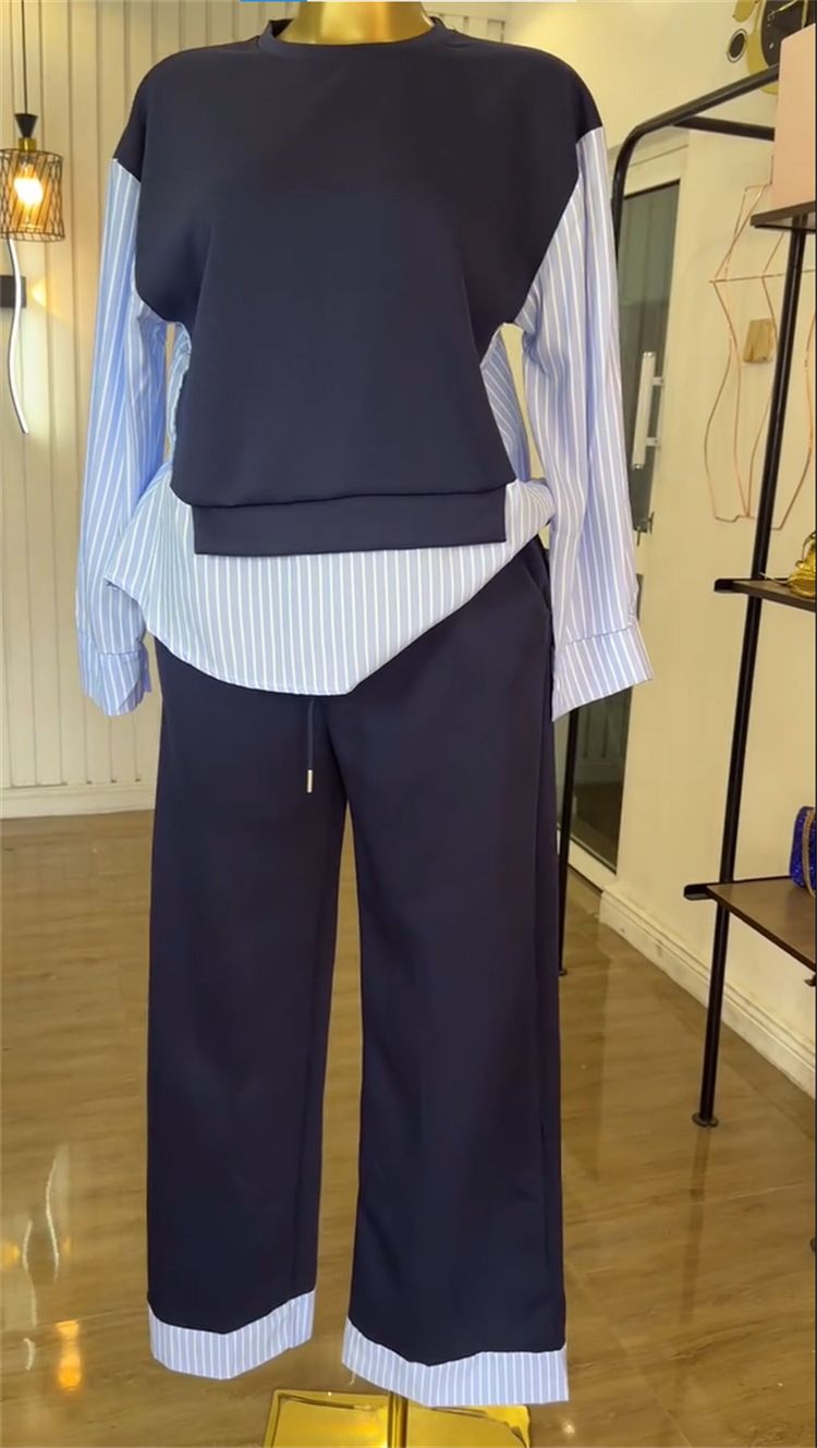 New Product Selection: Cross border Women's Clothing from Europe and America 2025 Summer New Fashionable Round Neck Splicing Striped Top, High Waist Pants, Casual Set