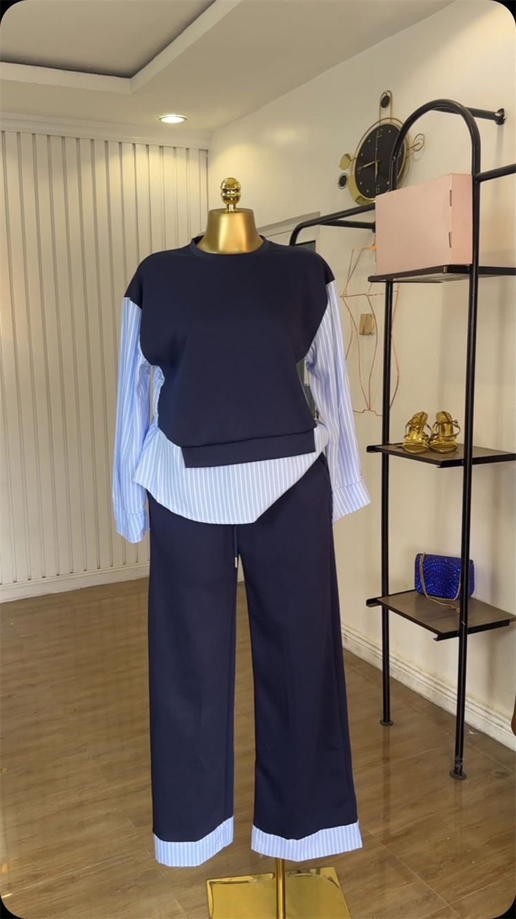 New Product Selection: Cross border Women's Clothing from Europe and America 2025 Summer New Fashionable Round Neck Splicing Striped Top, High Waist Pants, Casual Set