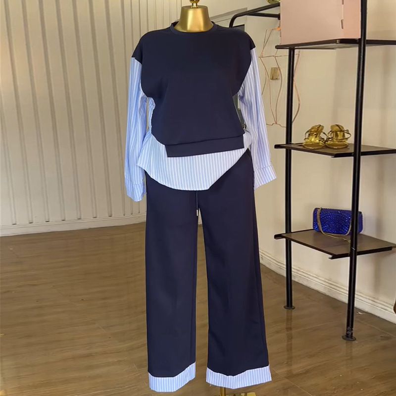 New Product Selection: Cross border Women's Clothing from Europe and America 2025 Summer New Fashionable Round Neck Splicing Striped Top, High Waist Pants, Casual Set