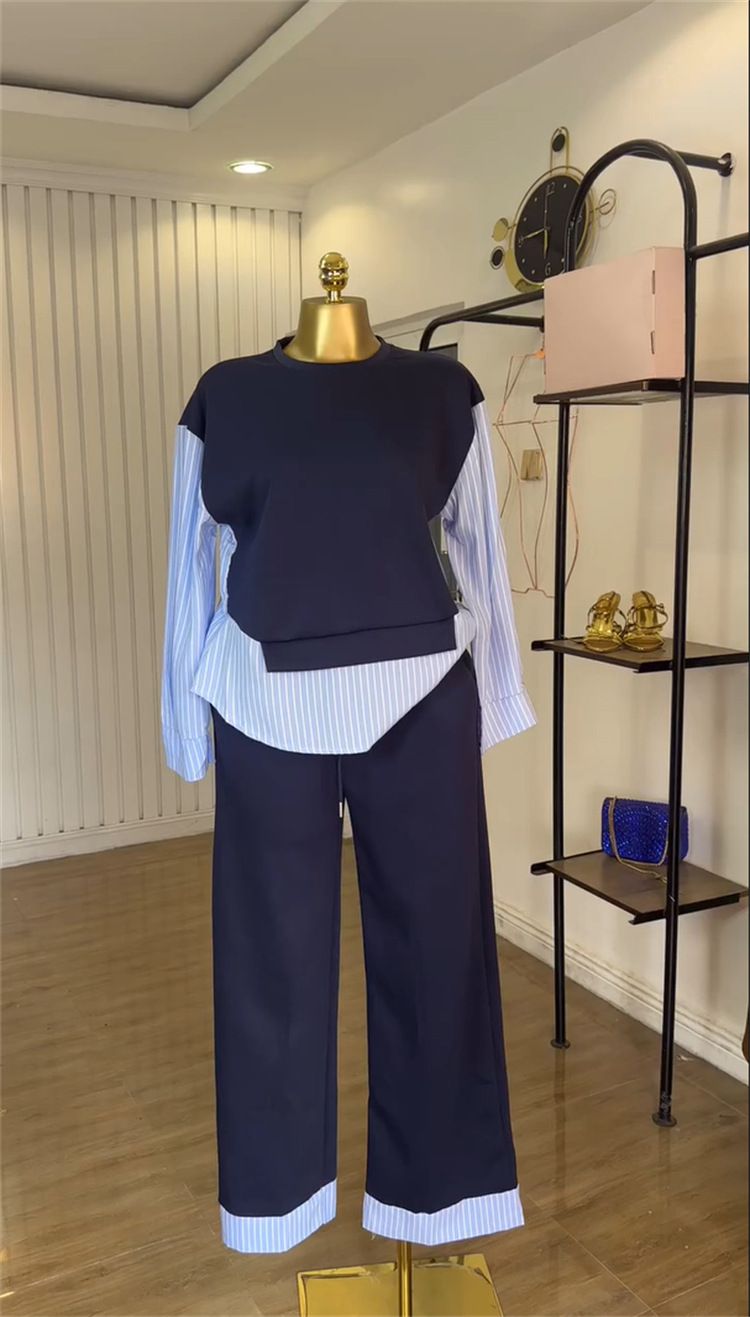 New Product Selection: Cross border Women's Clothing from Europe and America 2025 Summer New Fashionable Round Neck Splicing Striped Top, High Waist Pants, Casual Set