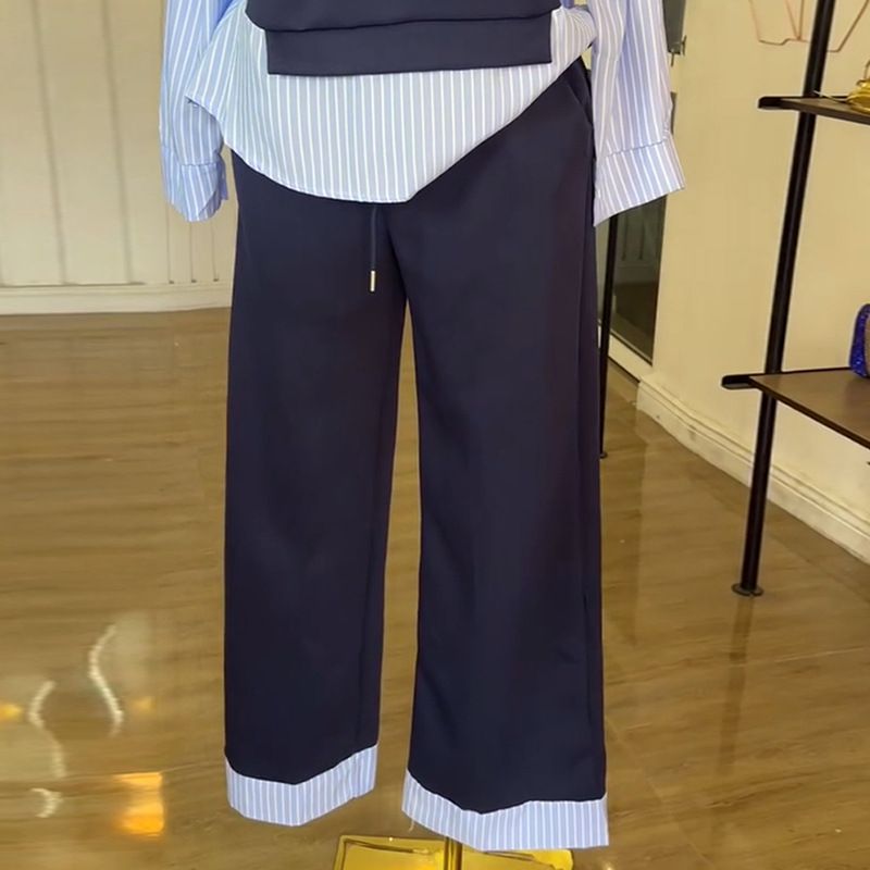 New Product Selection: Cross border Women's Clothing from Europe and America 2025 Summer New Fashionable Round Neck Splicing Striped Top, High Waist Pants, Casual Set