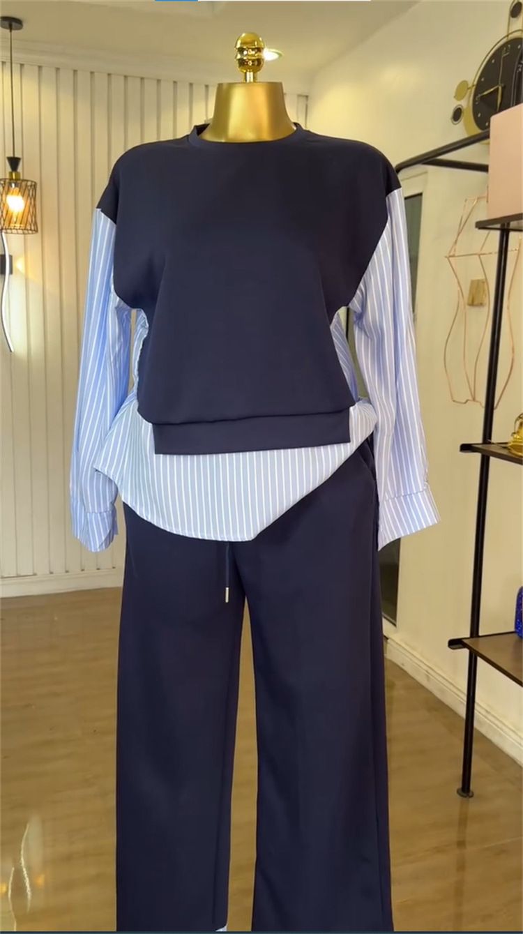 New Product Selection: Cross border Women's Clothing from Europe and America 2025 Summer New Fashionable Round Neck Splicing Striped Top, High Waist Pants, Casual Set