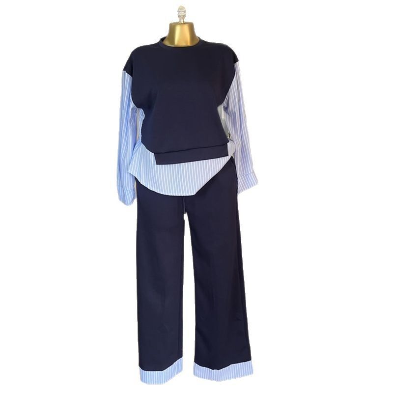 New Product Selection: Cross border Women's Clothing from Europe and America 2025 Summer New Fashionable Round Neck Splicing Striped Top, High Waist Pants, Casual Set