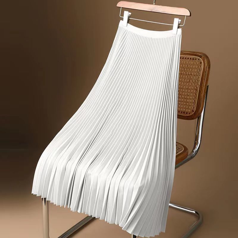 New product selection: Cross border satin solid color pleated skirt, 2025 summer thin, medium long, knee high waist A-line skirt, half skirt