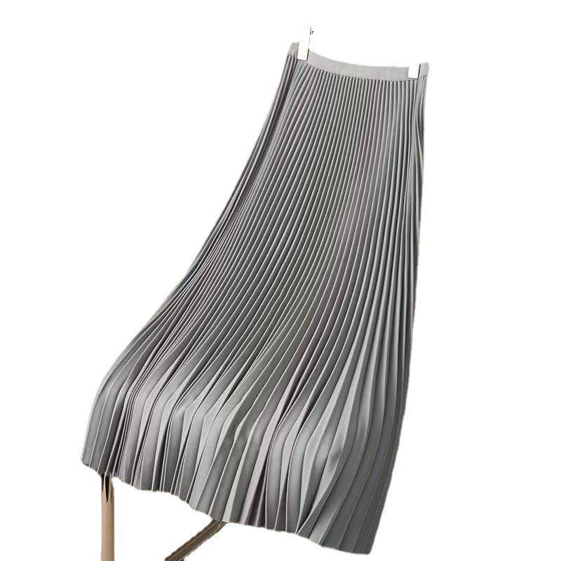 New product selection: Cross border satin solid color pleated skirt, 2025 summer thin, medium long, knee high waist A-line skirt, half skirt