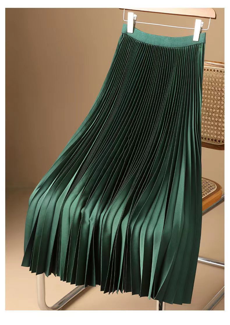 New product selection: Cross border satin solid color pleated skirt, 2025 summer thin, medium long, knee high waist A-line skirt, half skirt