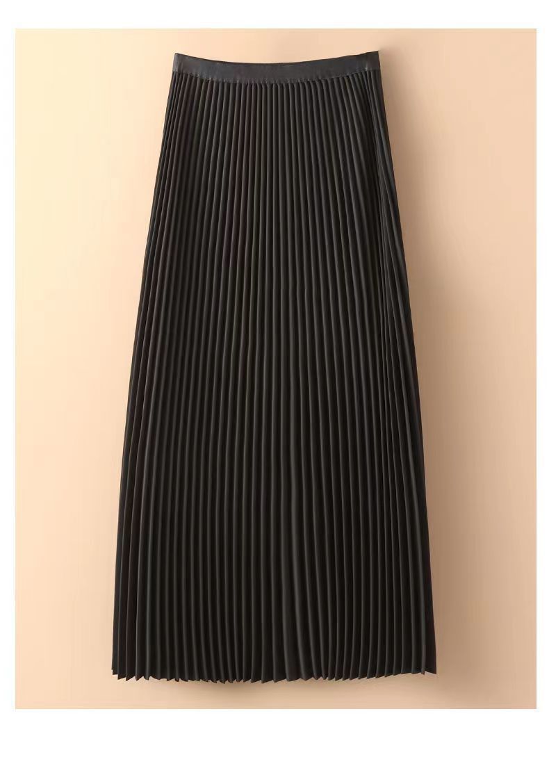 New product selection: Cross border satin solid color pleated skirt, 2025 summer thin, medium long, knee high waist A-line skirt, half skirt