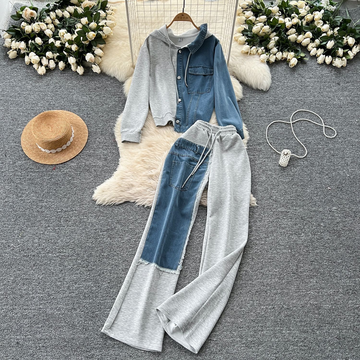 New product selection: Hong Kong style casual suit, women's fashion design sense, spliced fake two-piece hooded sweatshirt, high waisted denim spliced wide leg pants