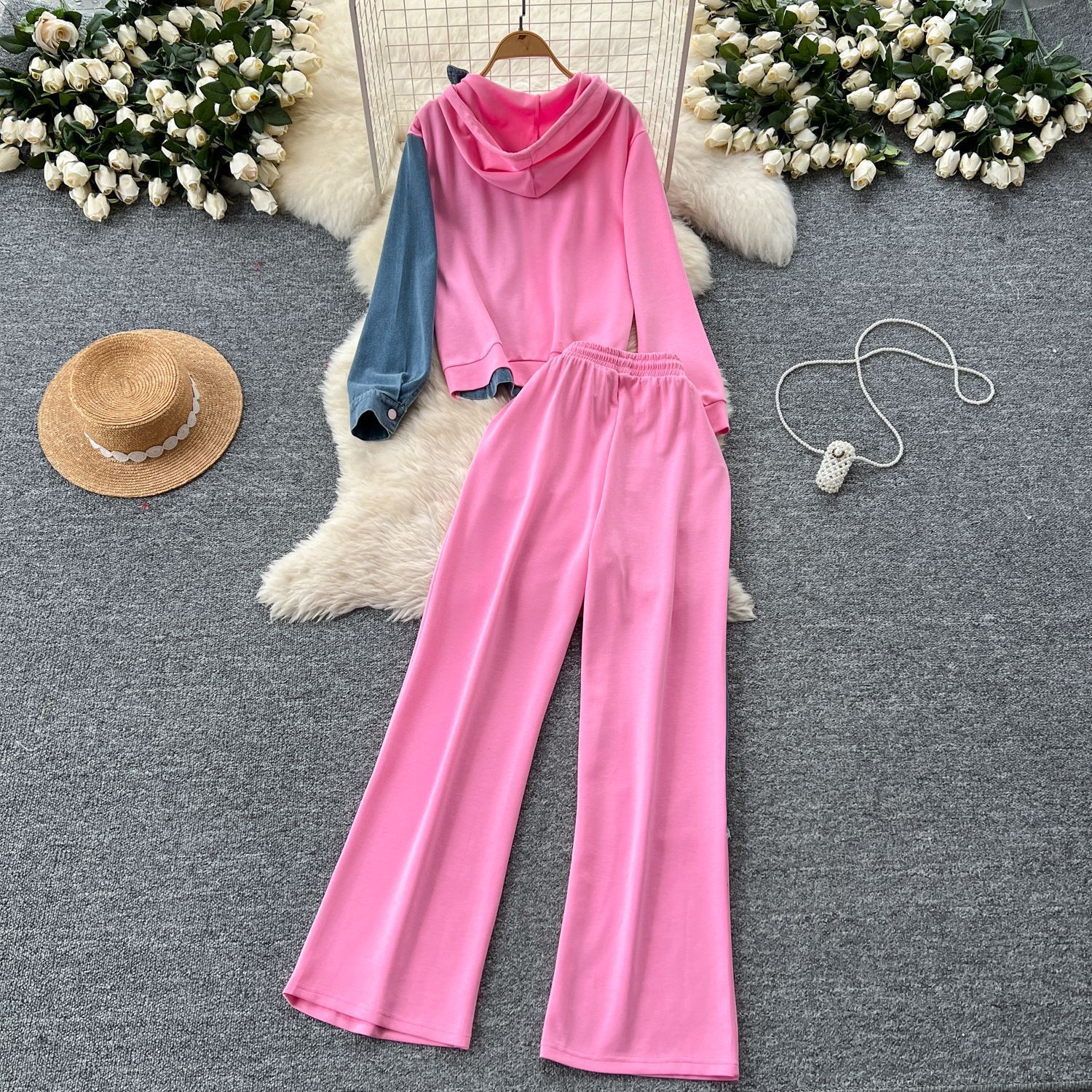New product selection: Hong Kong style casual suit, women's fashion design sense, spliced fake two-piece hooded sweatshirt, high waisted denim spliced wide leg pants