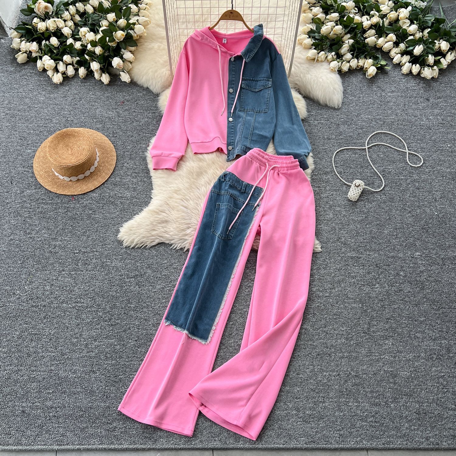 New product selection: Hong Kong style casual suit, women's fashion design sense, spliced fake two-piece hooded sweatshirt, high waisted denim spliced wide leg pants