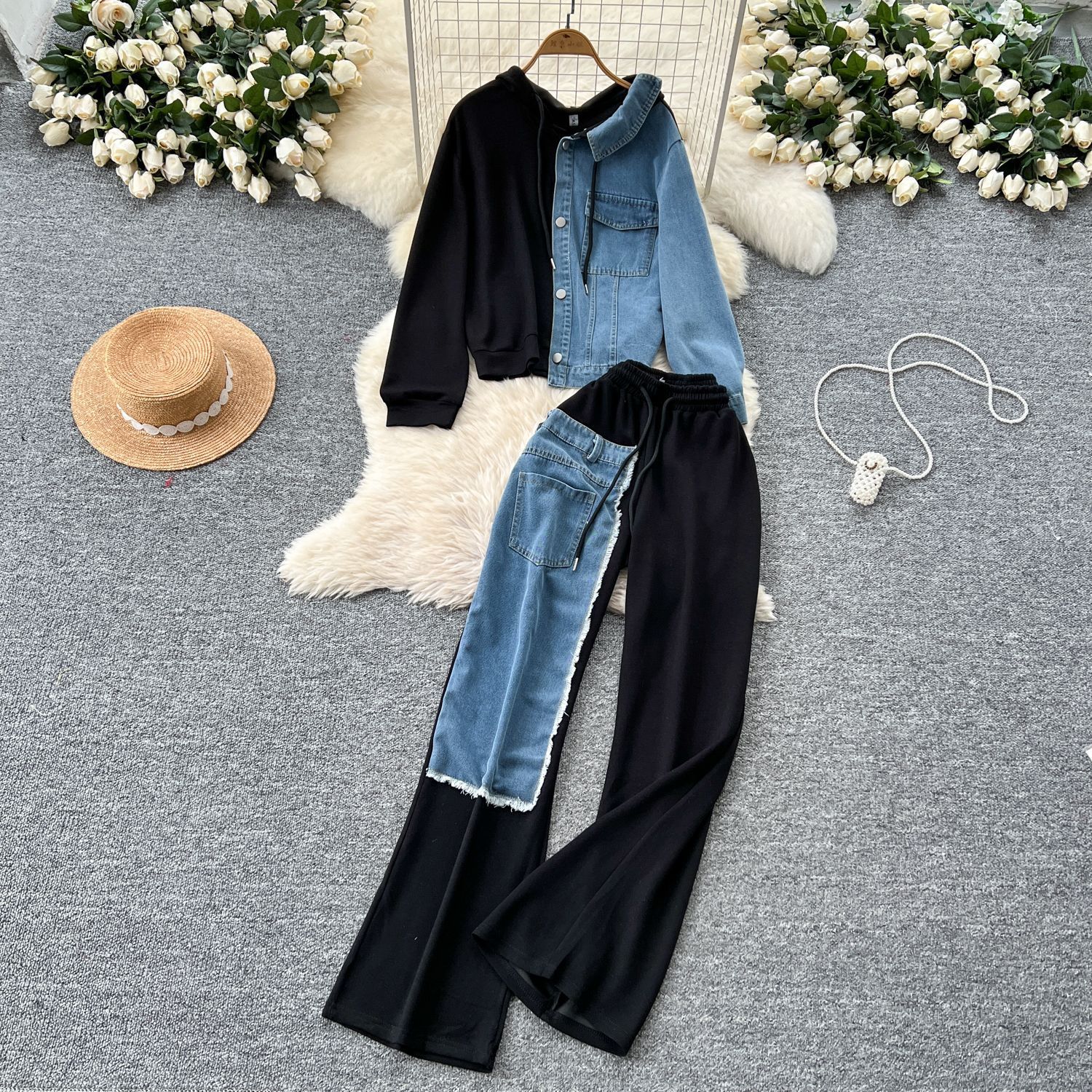 New product selection: Hong Kong style casual suit, women's fashion design sense, spliced fake two-piece hooded sweatshirt, high waisted denim spliced wide leg pants