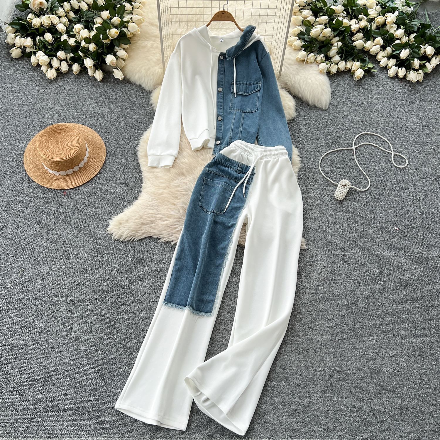 New product selection: Hong Kong style casual suit, women's fashion design sense, spliced fake two-piece hooded sweatshirt, high waisted denim spliced wide leg pants