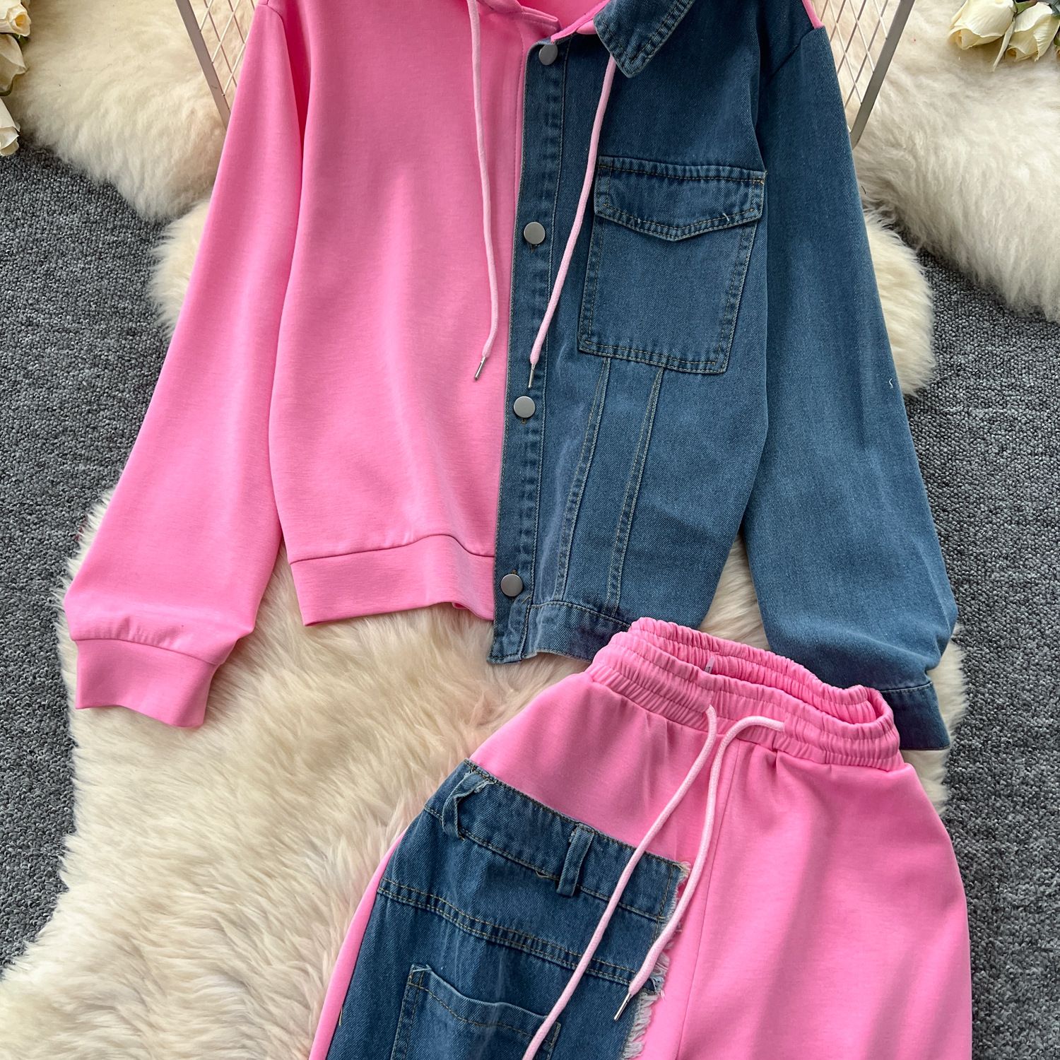 New product selection: Hong Kong style casual suit, women's fashion design sense, spliced fake two-piece hooded sweatshirt, high waisted denim spliced wide leg pants
