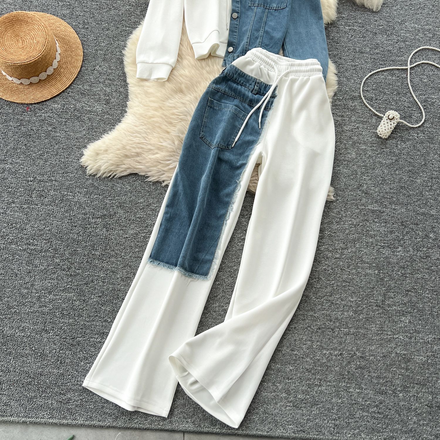 New product selection: Hong Kong style casual suit, women's fashion design sense, spliced fake two-piece hooded sweatshirt, high waisted denim spliced wide leg pants