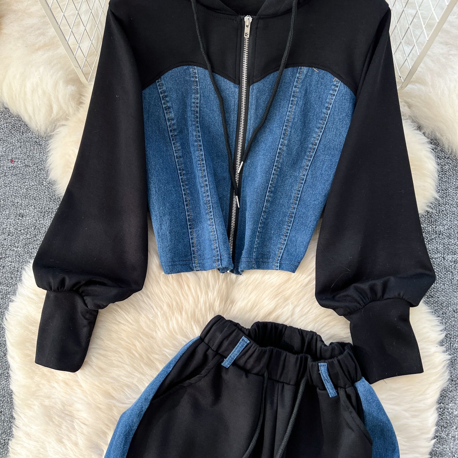 New product selection: Spring Hong Kong style casual suit, women's sportswear, hooded long sleeved sweatshirt, high waisted denim patchwork wide leg pants