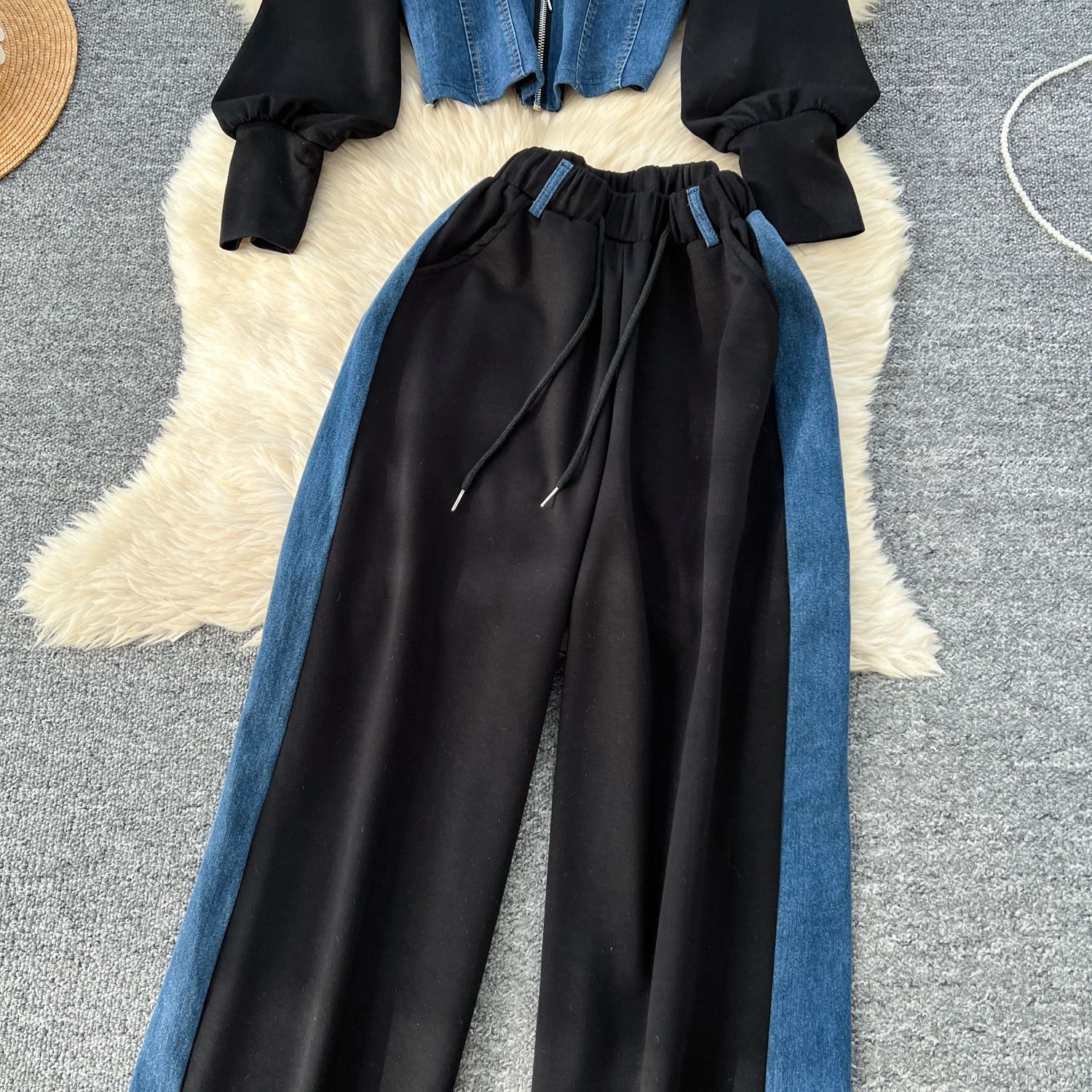 New product selection: Spring Hong Kong style casual suit, women's sportswear, hooded long sleeved sweatshirt, high waisted denim patchwork wide leg pants