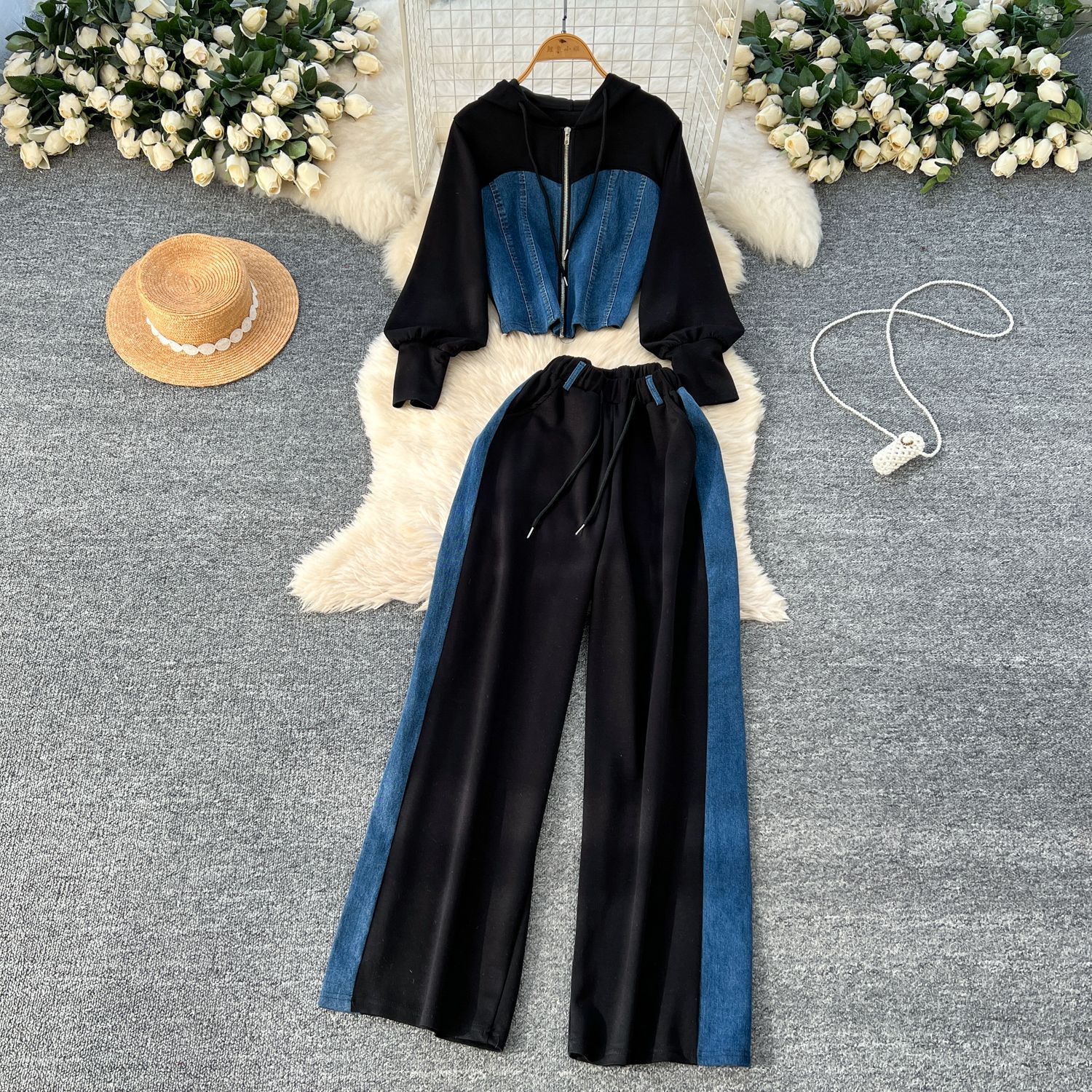 New product selection: Spring Hong Kong style casual suit, women's sportswear, hooded long sleeved sweatshirt, high waisted denim patchwork wide leg pants