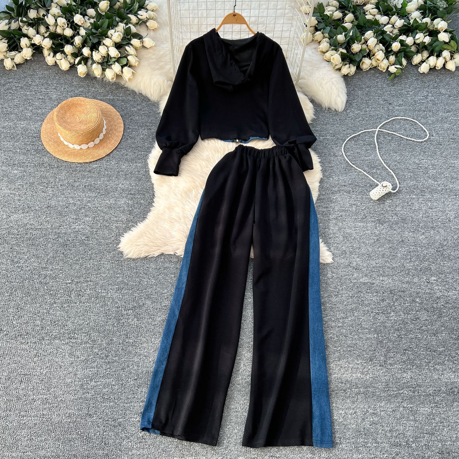 New product selection: Spring Hong Kong style casual suit, women's sportswear, hooded long sleeved sweatshirt, high waisted denim patchwork wide leg pants