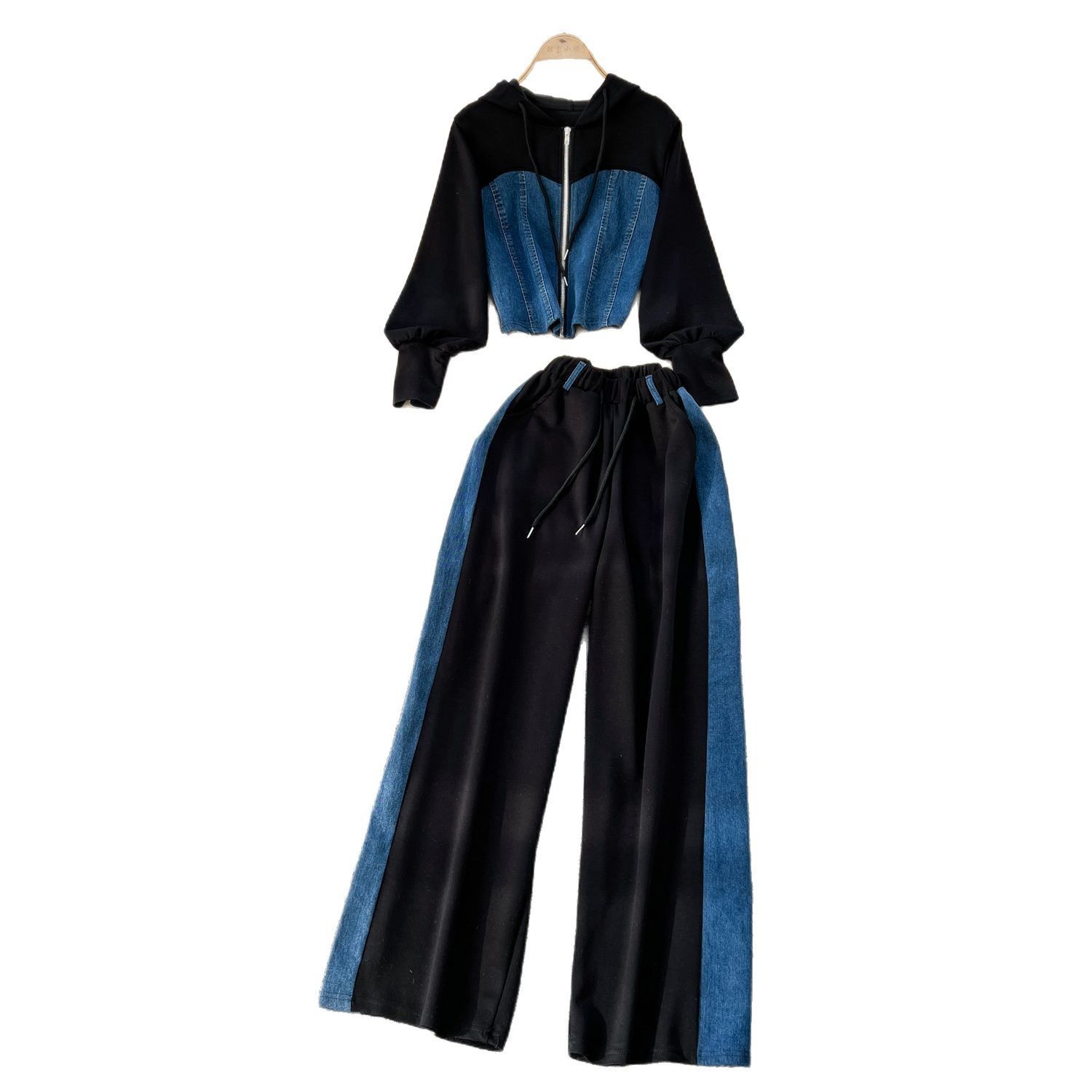 New product selection: Spring Hong Kong style casual suit, women's sportswear, hooded long sleeved sweatshirt, high waisted denim patchwork wide leg pants