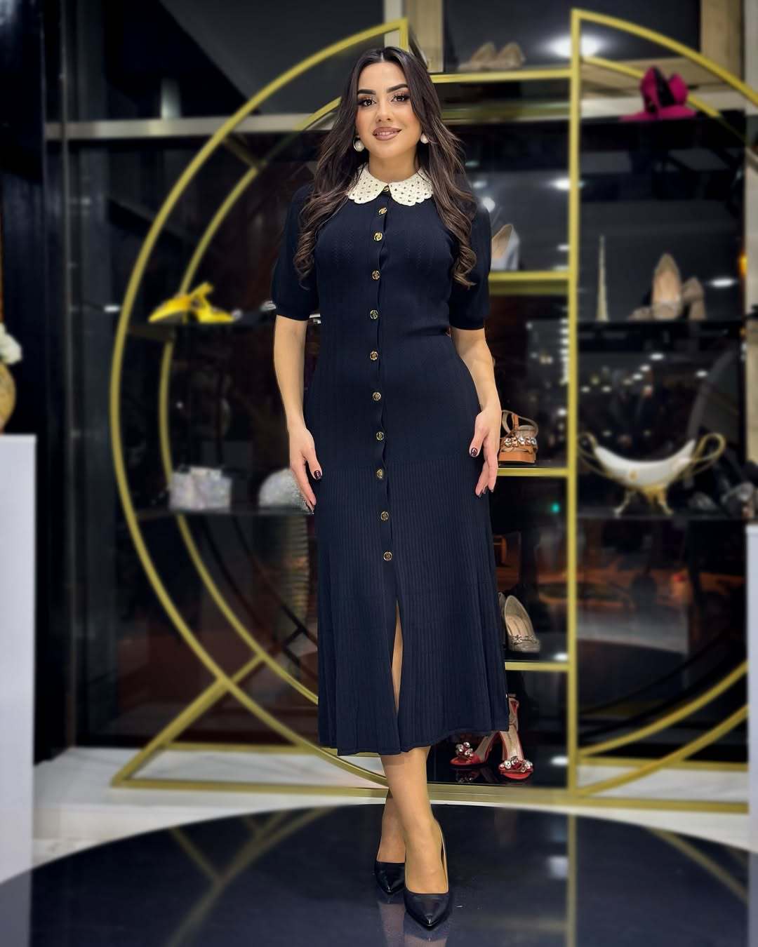 New Product Selection: Spring French Doll Collar, Floral Edge Collar, Bubble Sleeve, Slimming and Slimming Short Sleeve Knitted Dress, Single Row Gold Button Long Dress